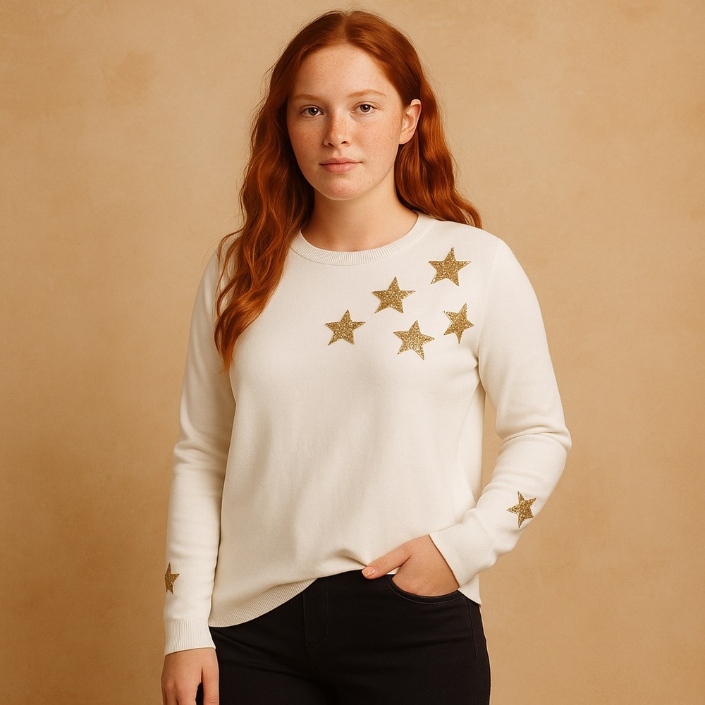 CeCe White Gold Star Embellished Sweater XS NWT